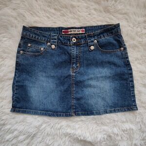 One Tuff Babe Y2K Denim Mini Skirt Vintage Stretch Low Rise Medium Wash Faded 11